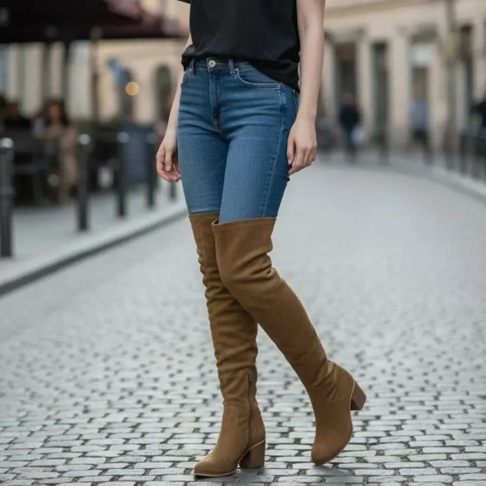 Nordstroms Melrose & Market Camel Faux Suede Over Knee Boots Women 7.5 Foldover